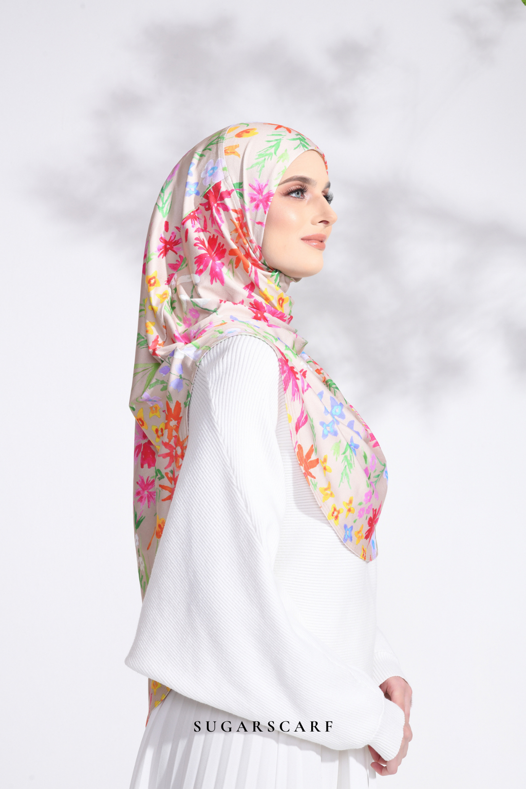 Petite Ditsy Floral in Iris Slip On Hijab (Beige)