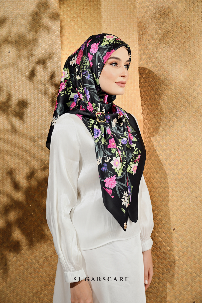 YES ( Square ) Seri Blooming Mixed Satin Silk Scarf ( BUNGA )