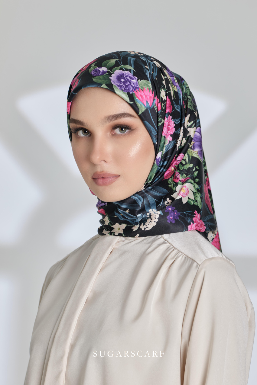 ( Square ) Seri Blooming Mixed Satin Silk Scarf ( BUNGA )