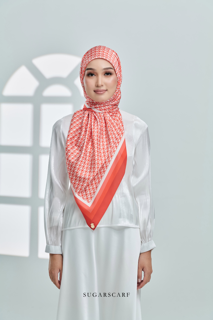 YES DEFECT - ( Square ) Classy Monogram Mixed Satin Silk Scarf ( Orange )