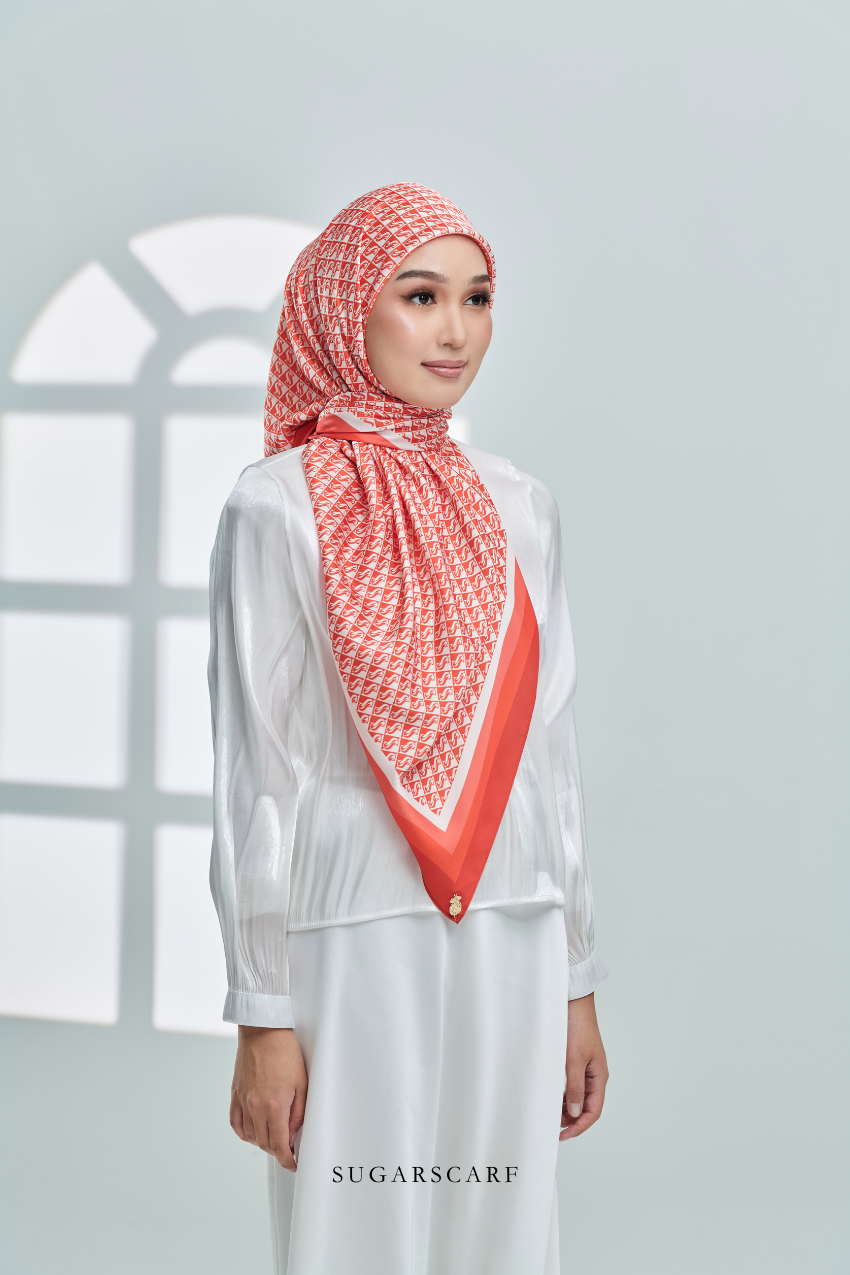 YES DEFECT - ( Square ) Classy Monogram Mixed Satin Silk Scarf ( Orange )