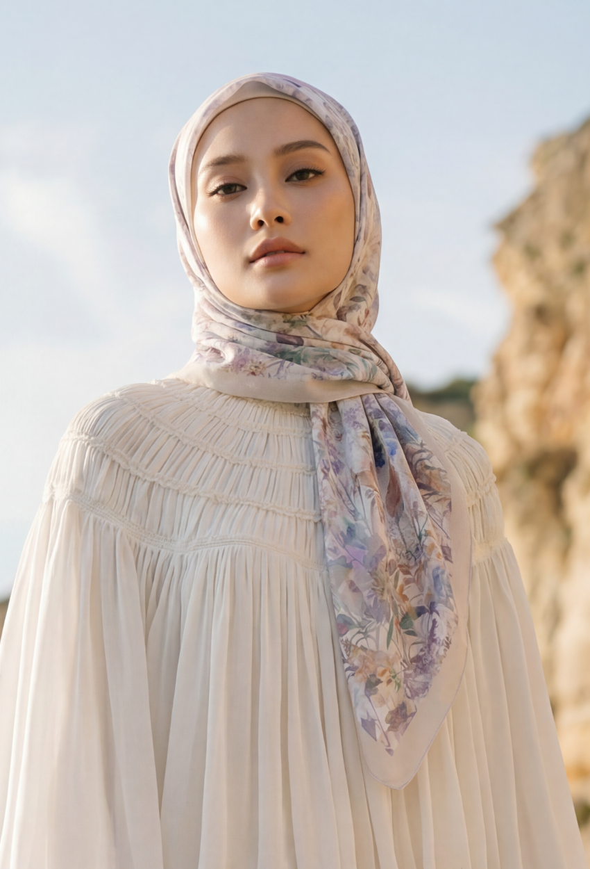 TSE BloomInvitation Japanese Cotton Voile Square In GardeniaHaze