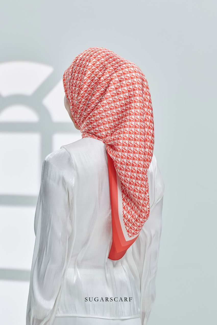 YES DEFECT - ( Square ) Classy Monogram Mixed Satin Silk Scarf ( Orange )