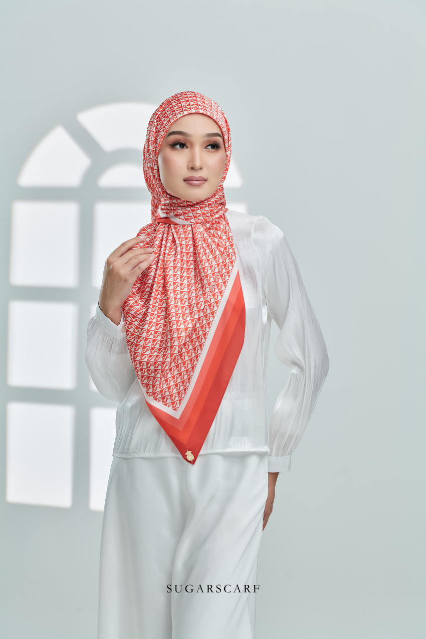 YES DEFECT - ( Square ) Classy Monogram Mixed Satin Silk Scarf ( Orange )