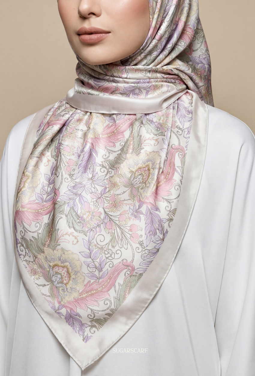 Eid Bloom 2026 Scarves Mixed Satin Square in Bianca - Send after 2nd March