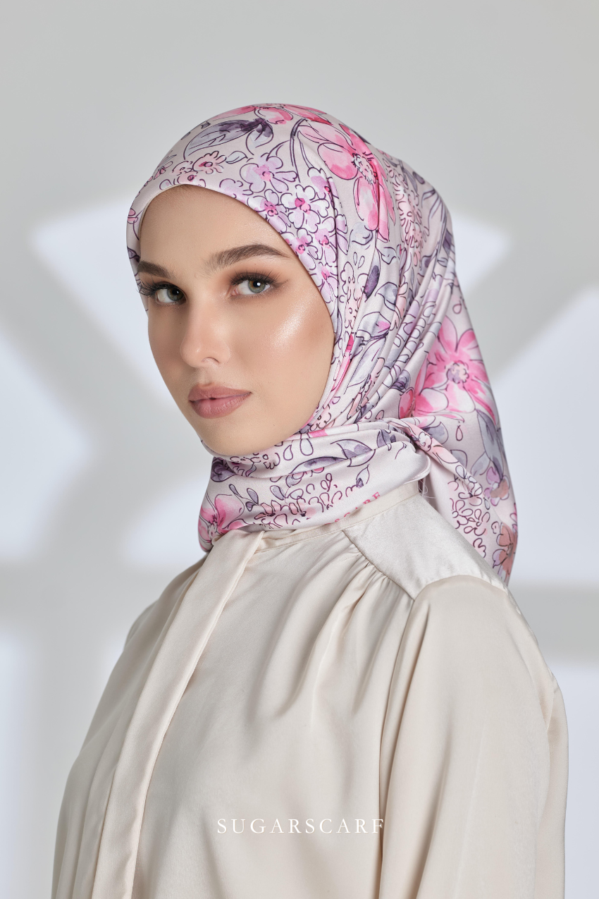 YES DEFECT - ( Square ) Seri Blooming Mixed Satin Silk Scarf ( NILA )