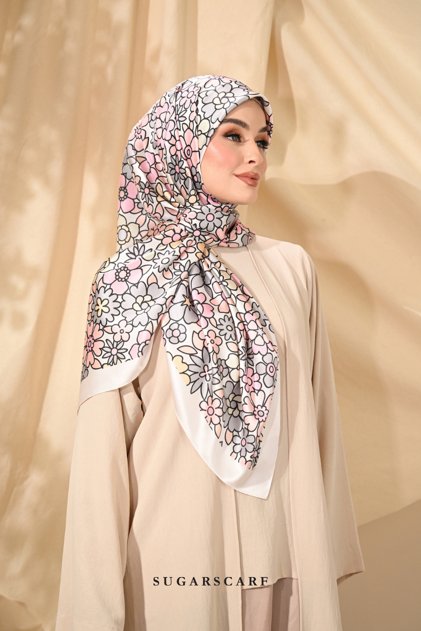 ( Square ) Eid Flower Power Mixed Satin Silk Satin ( COFFEE )