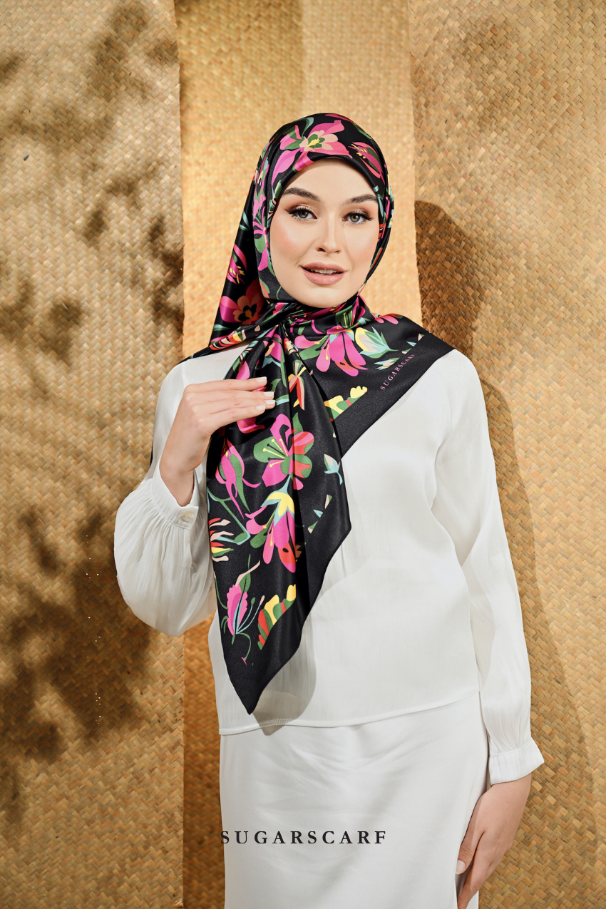 YES ( Square ) Seri Blooming Mixed Satin Silk Scarf ( AYANA )