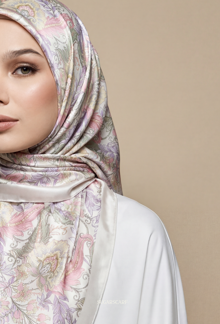 Eid Bloom 2026 Scarves Mixed Satin Square in Bianca - Send after 2nd March