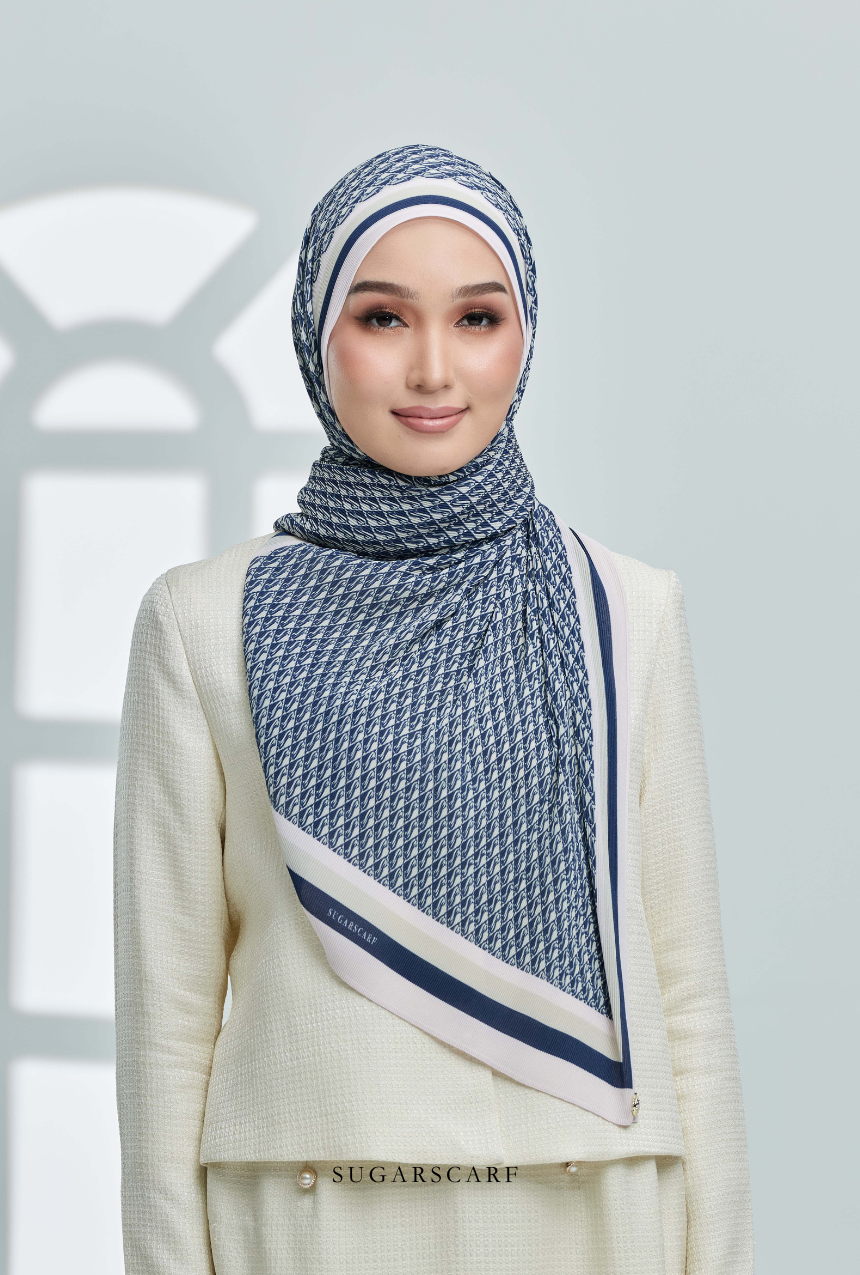 YES DEFECT ( Full Wide Pleats Shawl ) Classy Monogram ( DARK BLUE ) - Regal Blue