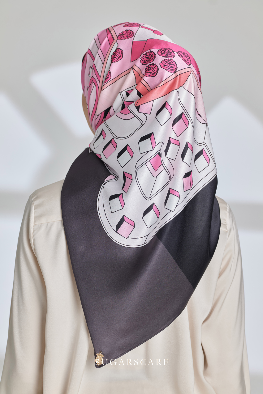 ( Square ) Seri Raya Riang Mixed Satin Silk Scarf ( CHOCOLATE RICE )