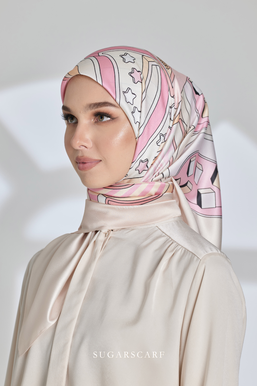 ( Square ) Seri Raya Riang Mixed Satin Silk Scarf ( BUTTER COOKIE )