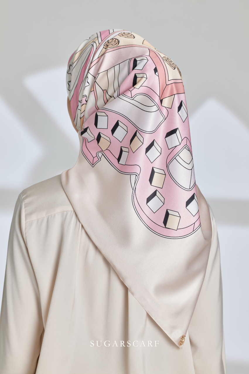 ( Square ) Seri Raya Riang Mixed Satin Silk Scarf ( BUTTER COOKIE )
