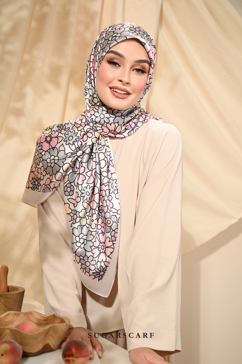 ( Square ) Eid Flower Power Mixed Satin Silk Satin ( COFFEE )