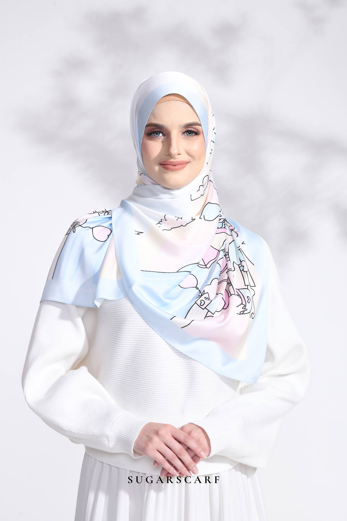 YES DEFECT - LE ThePinkHoliday Wide Mixed Satin Silk Long Shawl in Blue Sand