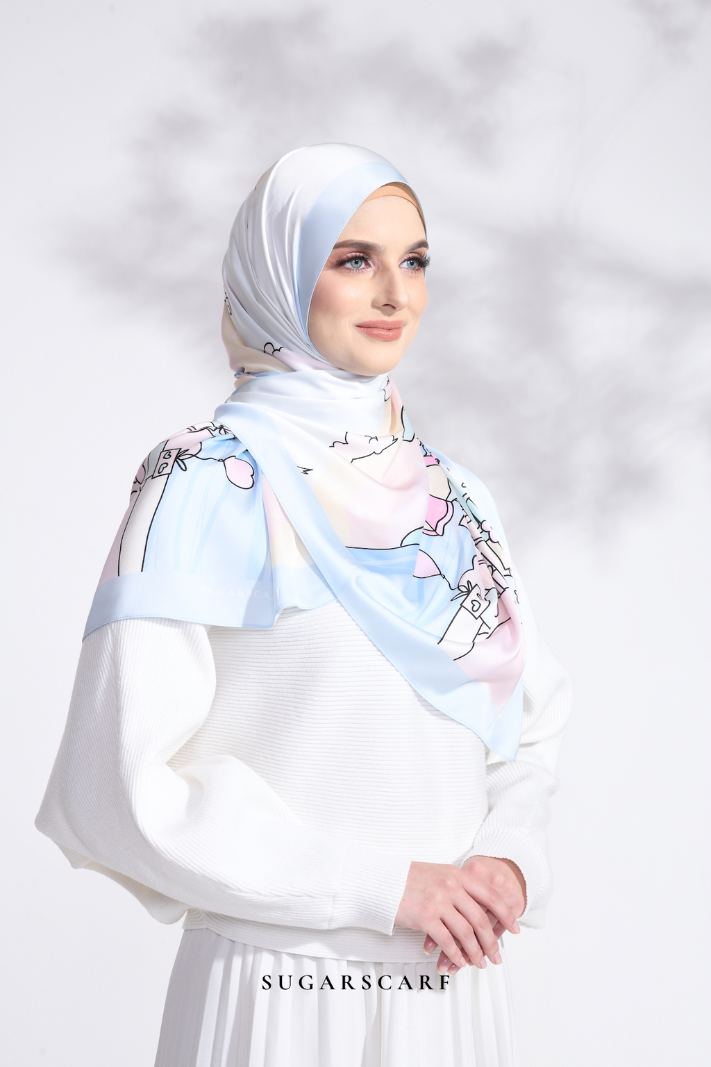YES DEFECT - LE ThePinkHoliday Wide Mixed Satin Silk Long Shawl in Blue Sand