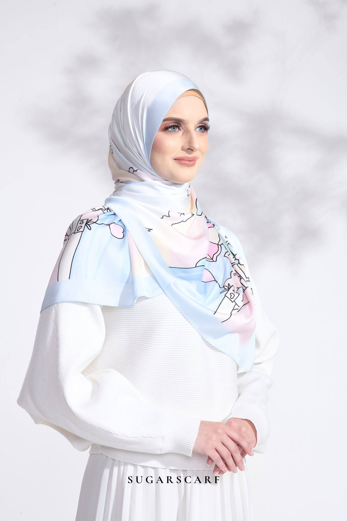 YES DEFECT - LE ThePinkHoliday Wide Mixed Satin Silk Long Shawl in Blue Sand