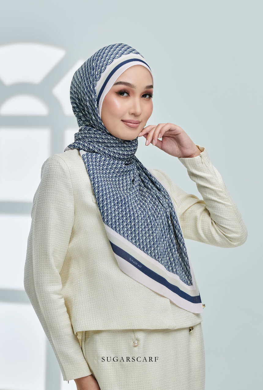 YES DEFECT ( Full Wide Pleats Shawl ) Classy Monogram ( DARK BLUE ) - Regal Blue