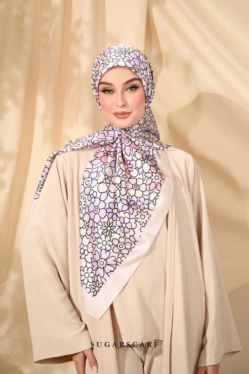 YES DEFECT - ( Square ) Eid Flower Power Mixed Satin Silk Scarf ( PILLOW TALK )