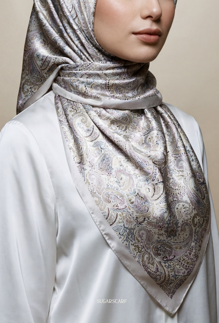 Eid Classy 2026 Scarves Mixed Satin Square in PerlaSilver -Send after 2nd March