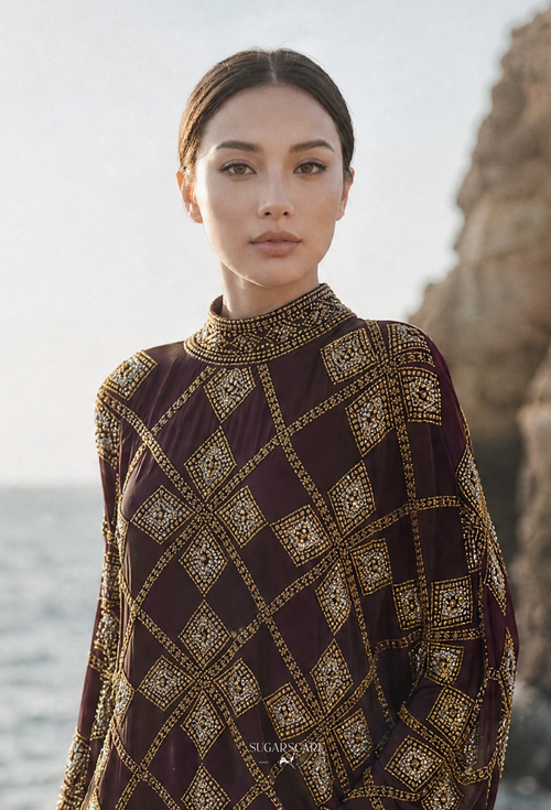 Cleopatra Crystal Beads Drape In Deep Maroon