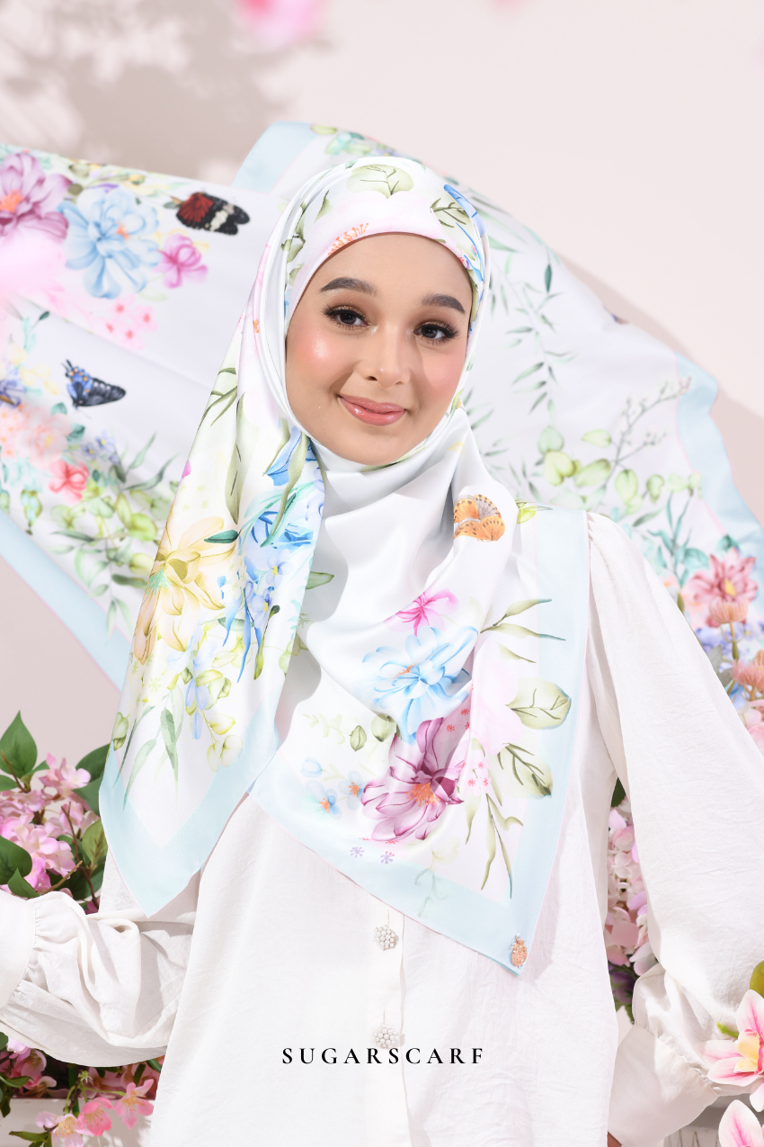 YES DEFECT - ( Square ) Soulful Bloom Mixed Silk Satin Scarf ( Laila - Blue )