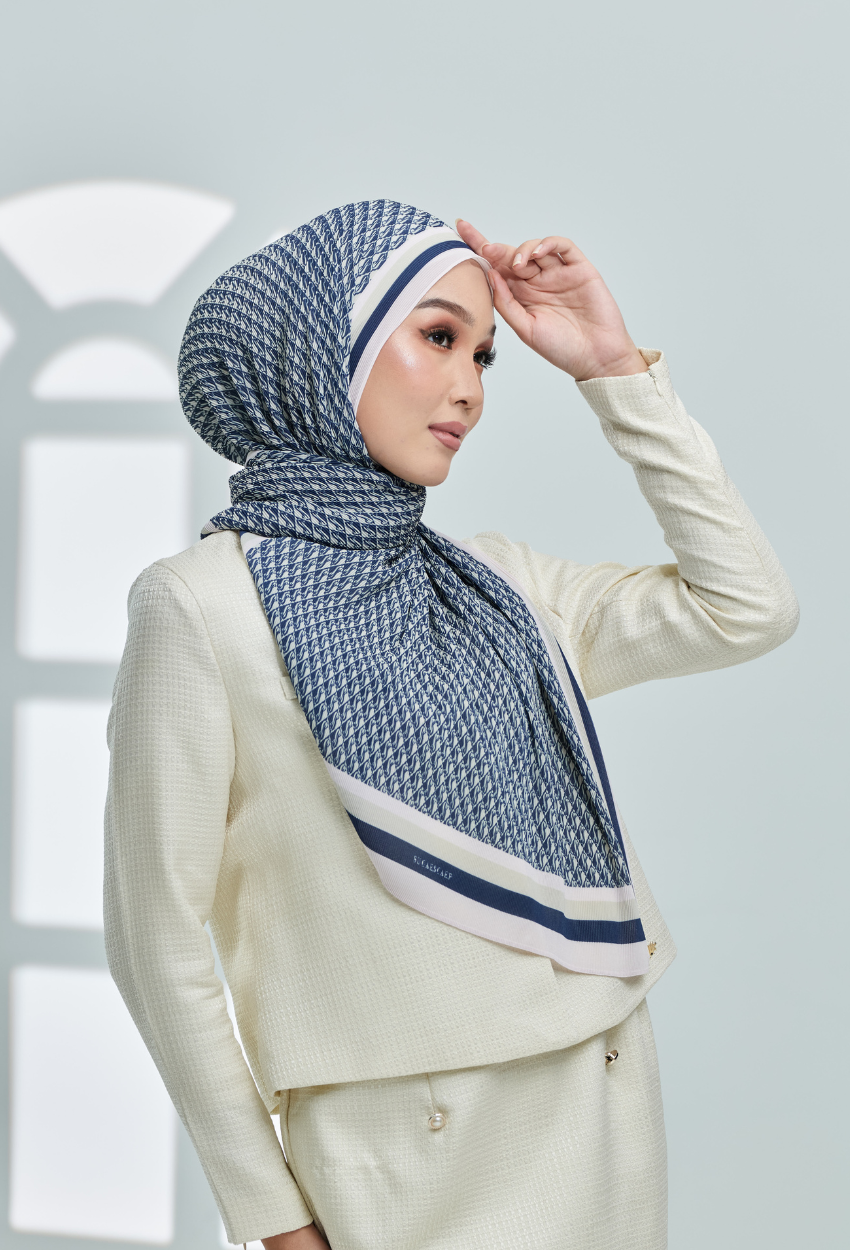 YES DEFECT ( Full Wide Pleats Shawl ) Classy Monogram ( DARK BLUE ) - Regal Blue
