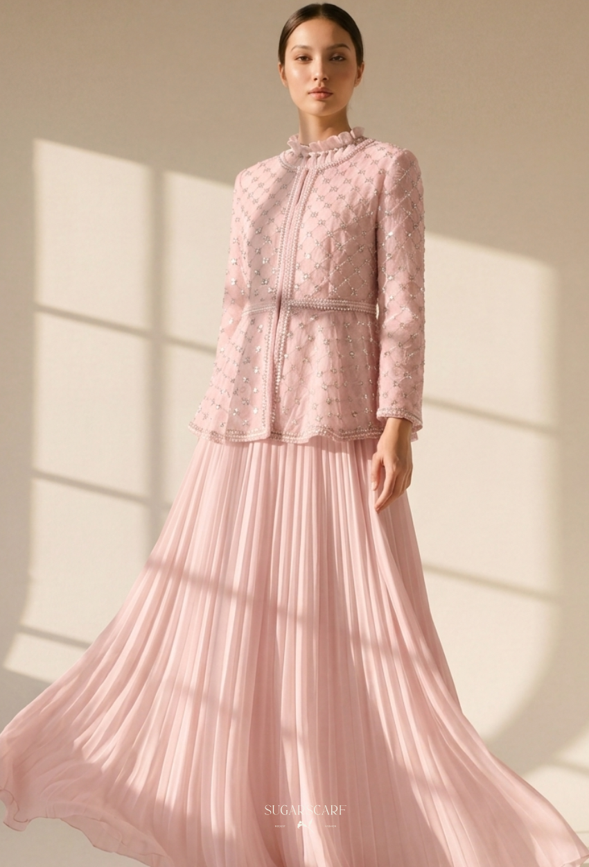 Rossie 2-Piece Pleated Dress With Crystal Blazer In Pink