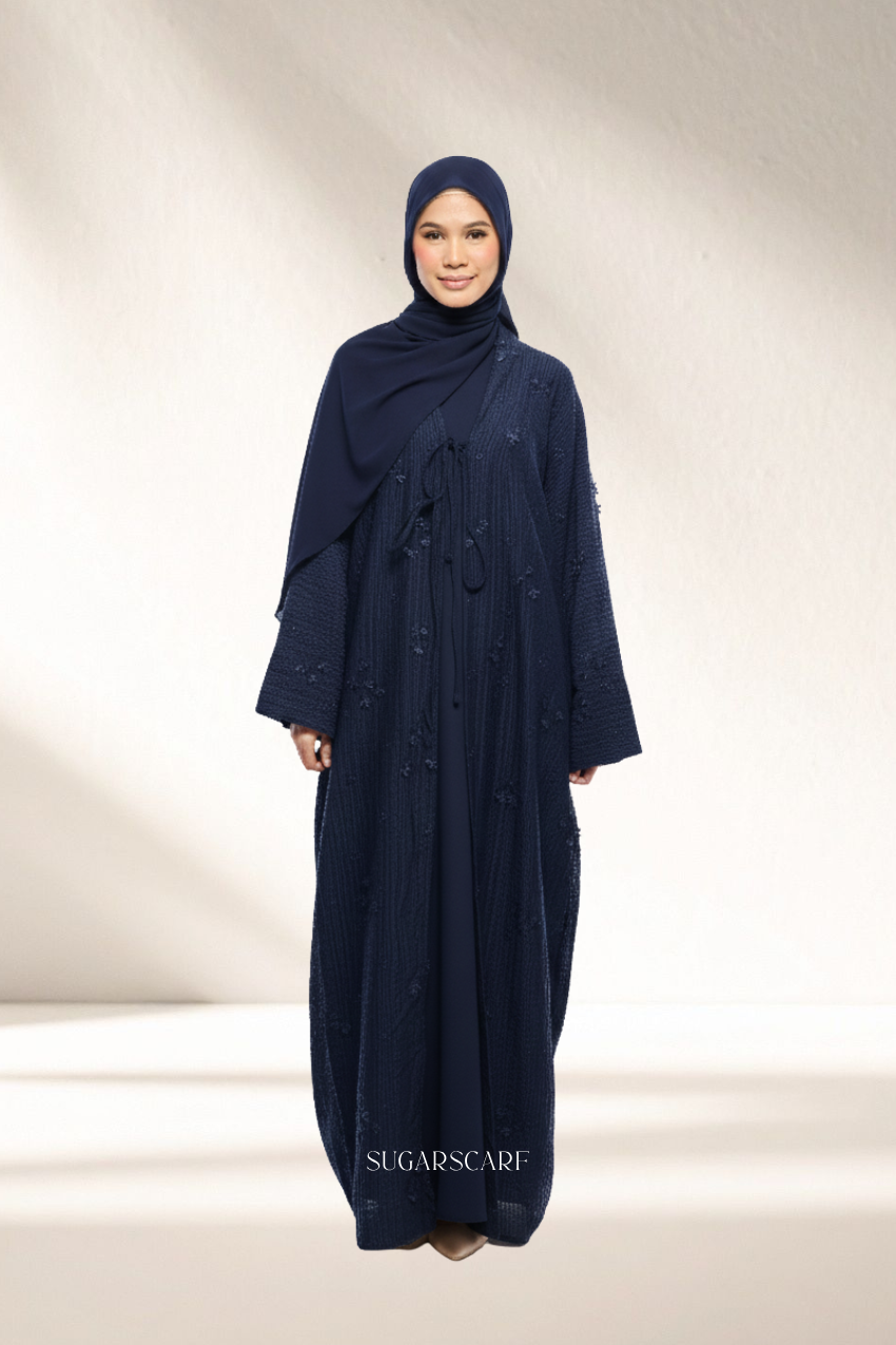 Noir Éclat Diane Embroidery Luxe Abaya Outer in Sapphire Noir