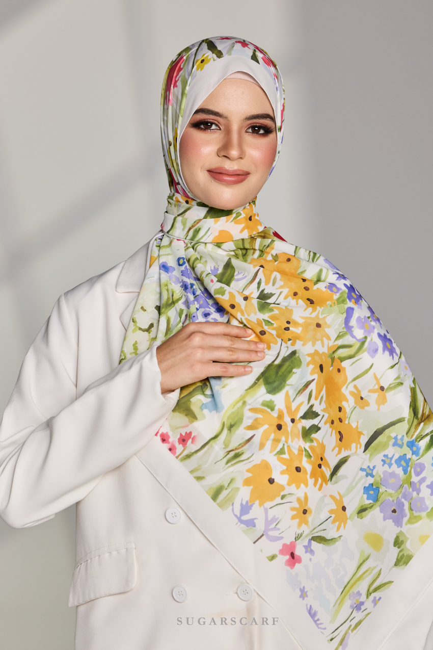 Korean Chiffon Long Shawl (Garden Whimsy) in Petal Glaze