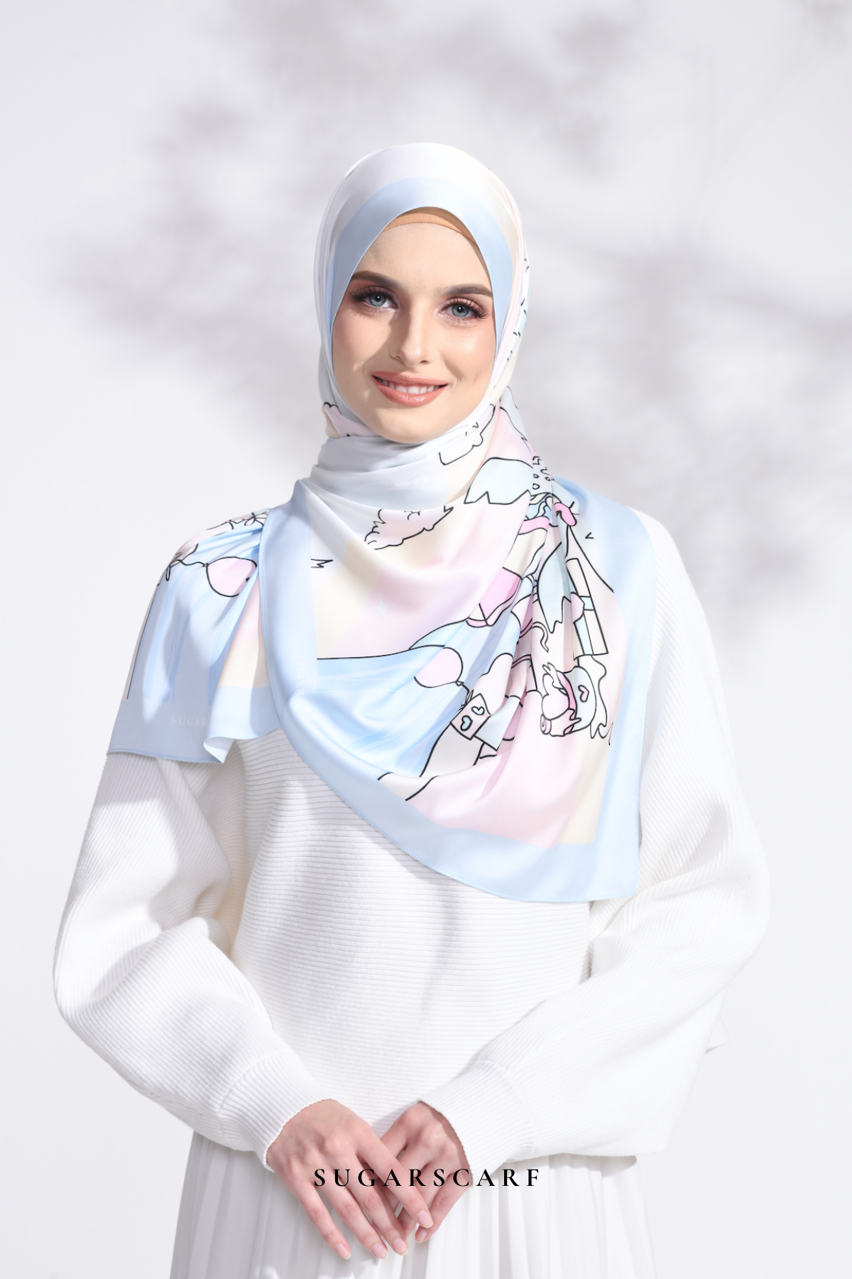 YES DEFECT - LE ThePinkHoliday Wide Mixed Satin Silk Long Shawl in Blue Sand