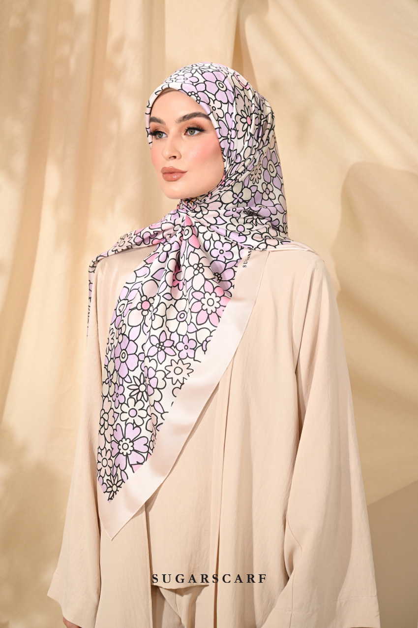 YES DEFECT - ( Square ) Eid Flower Power Mixed Satin Silk Scarf ( PILLOW TALK )