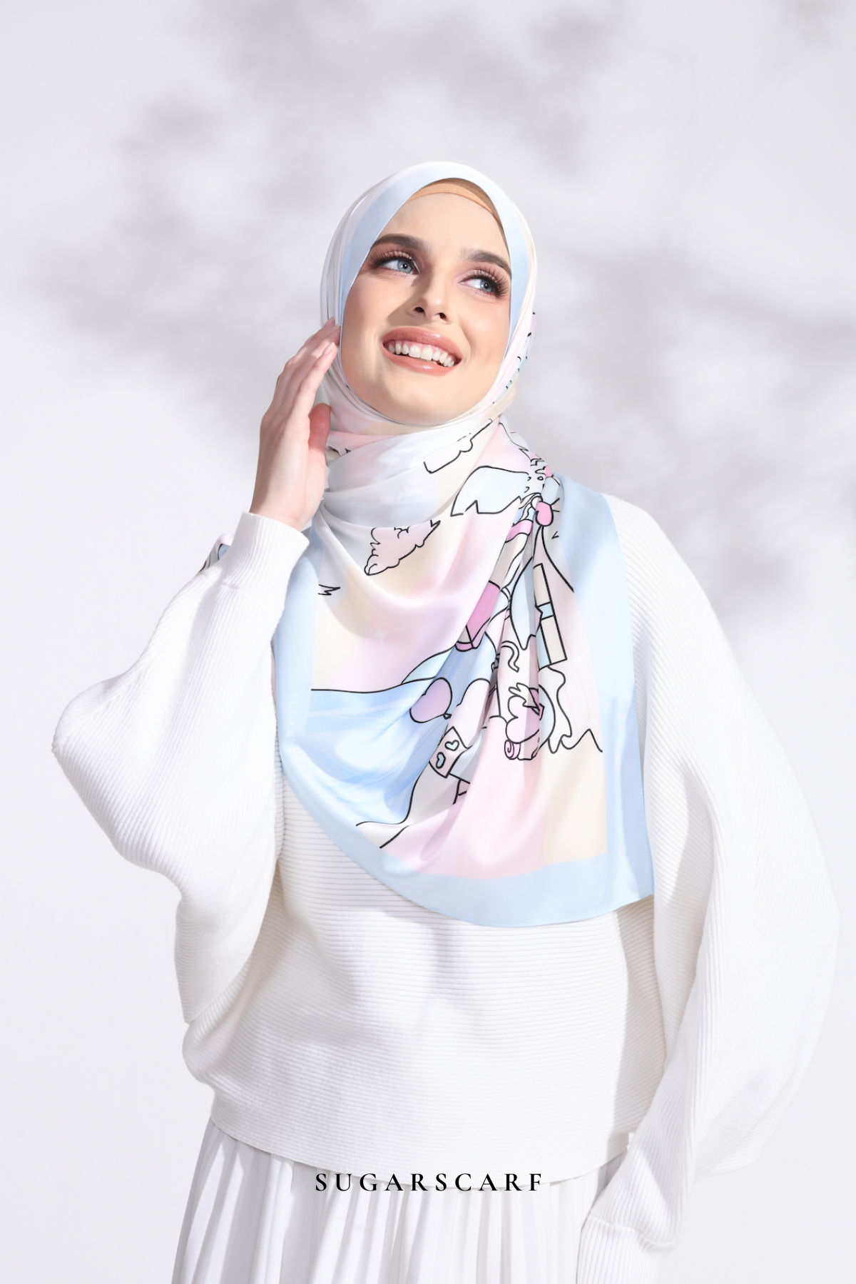 YES DEFECT - LE ThePinkHoliday Wide Mixed Satin Silk Long Shawl in Blue Sand