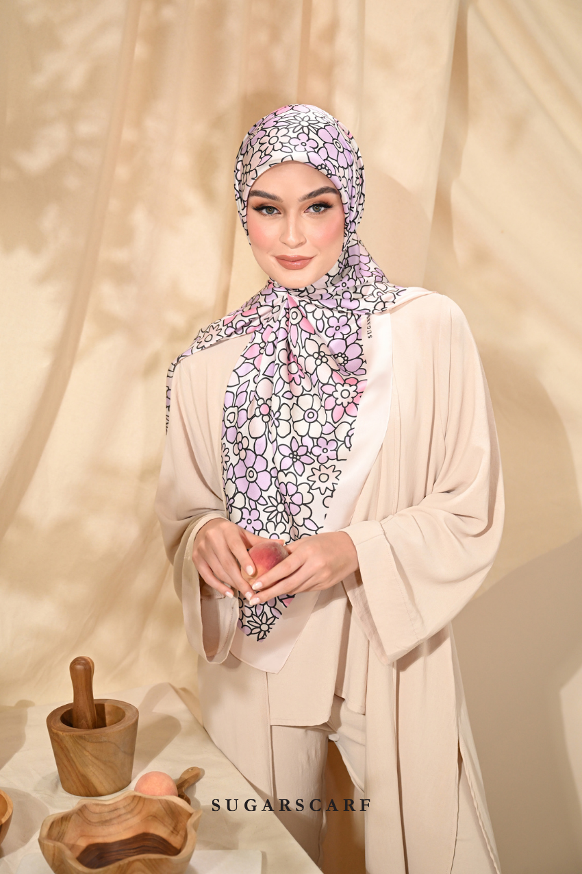 YES DEFECT - ( Square ) Eid Flower Power Mixed Satin Silk Scarf ( PILLOW TALK )