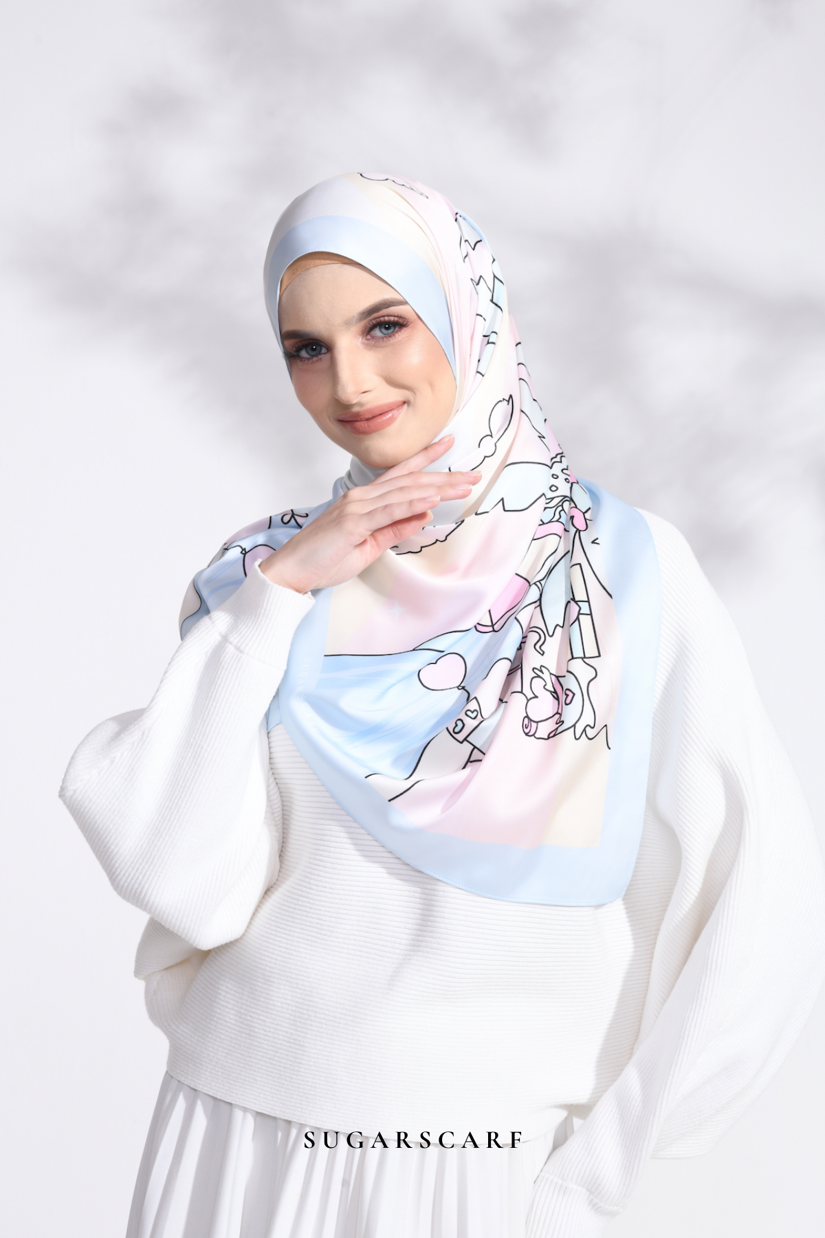 YES DEFECT - LE ThePinkHoliday Wide Mixed Satin Silk Long Shawl in Blue Sand