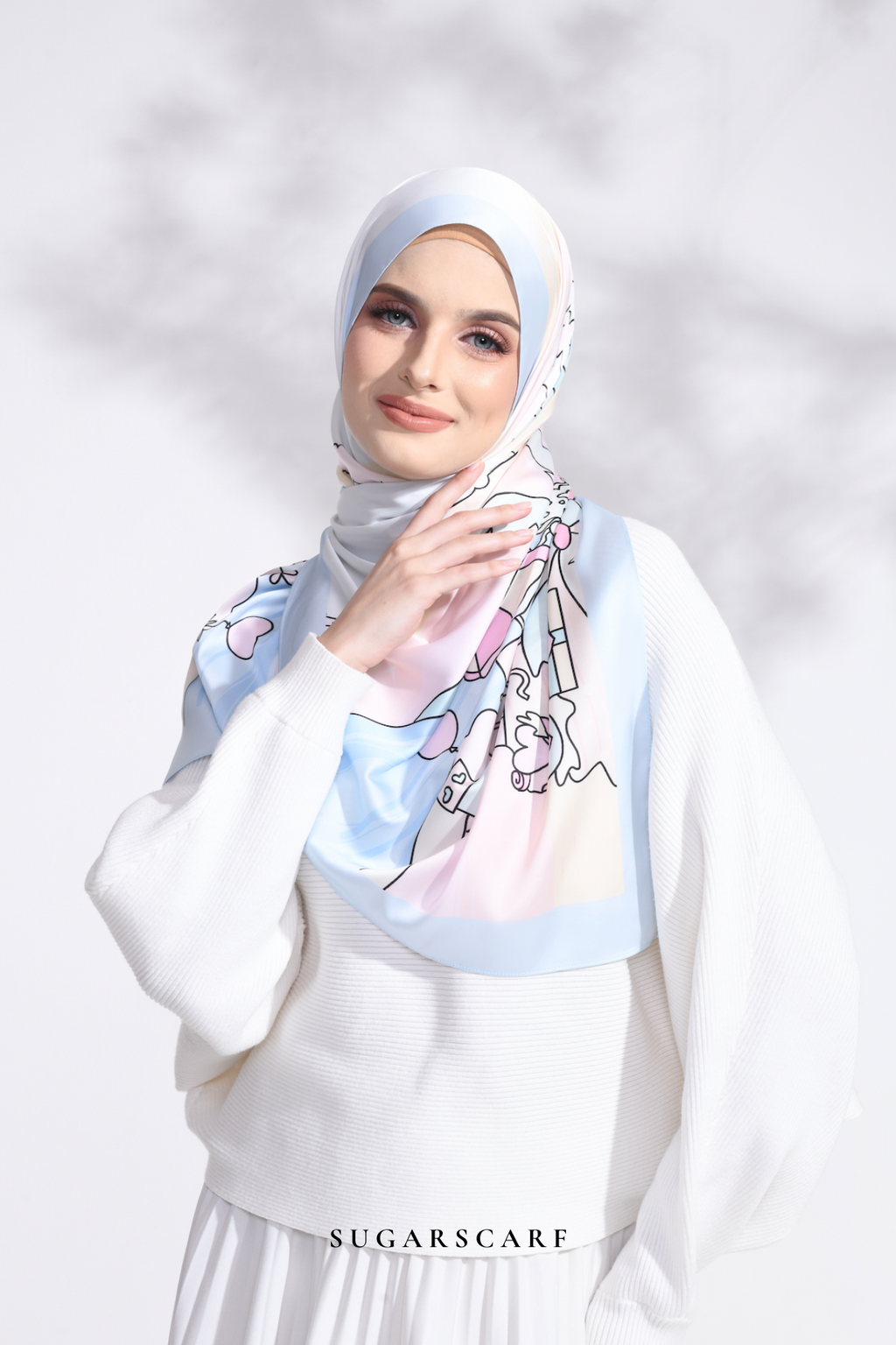 YES DEFECT - LE ThePinkHoliday Wide Mixed Satin Silk Long Shawl in Blue Sand