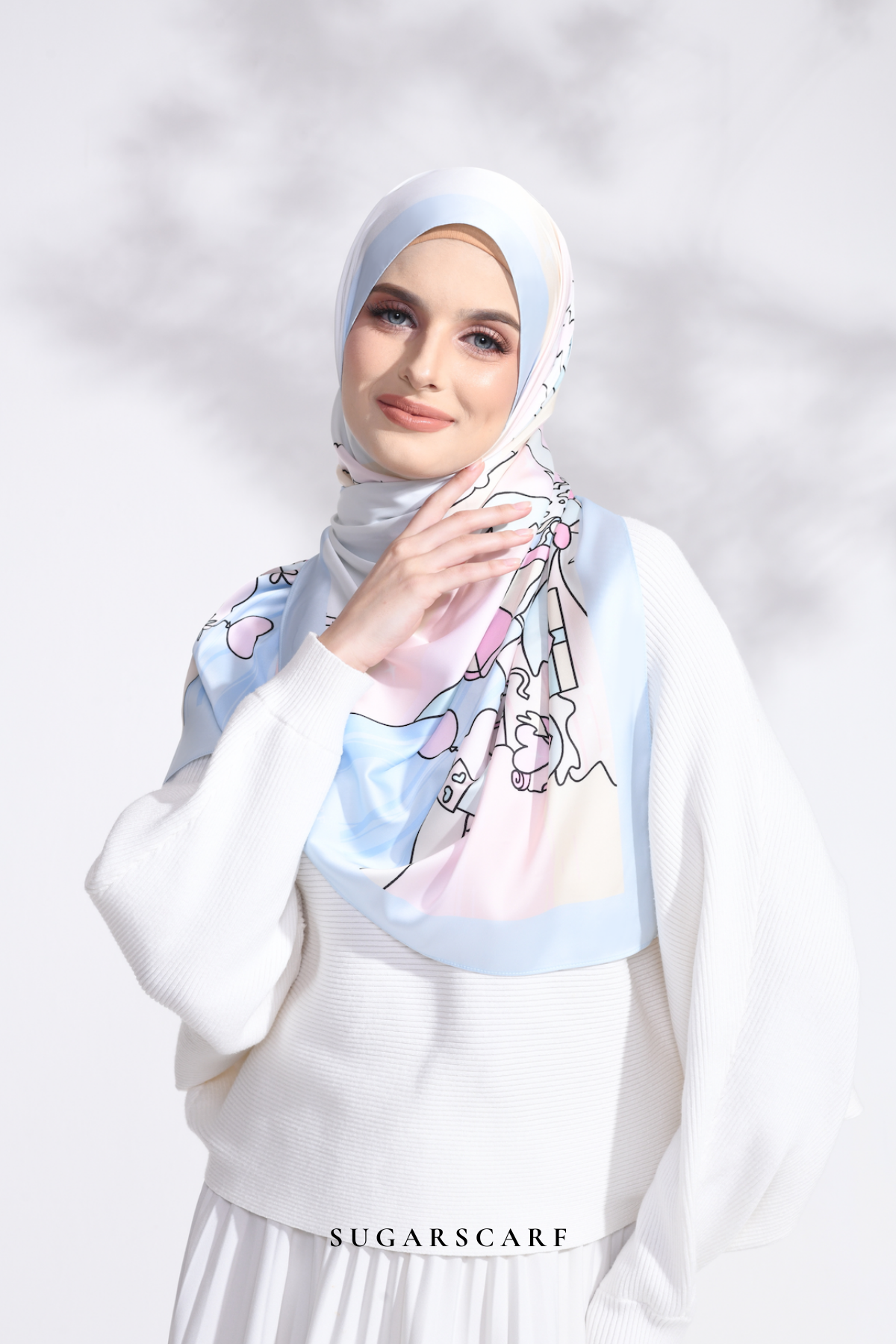 YES DEFECT - LE ThePinkHoliday Wide Mixed Satin Silk Long Shawl in Blue Sand