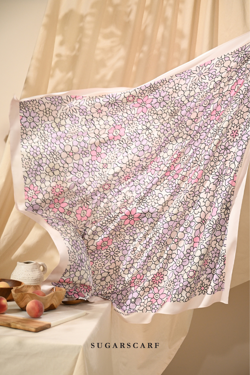 YES DEFECT - ( Square ) Eid Flower Power Mixed Satin Silk Scarf ( PILLOW TALK )