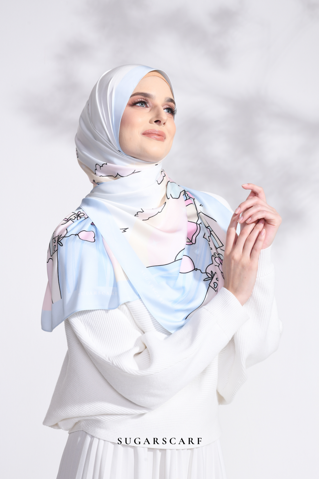 YES DEFECT - LE ThePinkHoliday Wide Mixed Satin Silk Long Shawl in Blue Sand