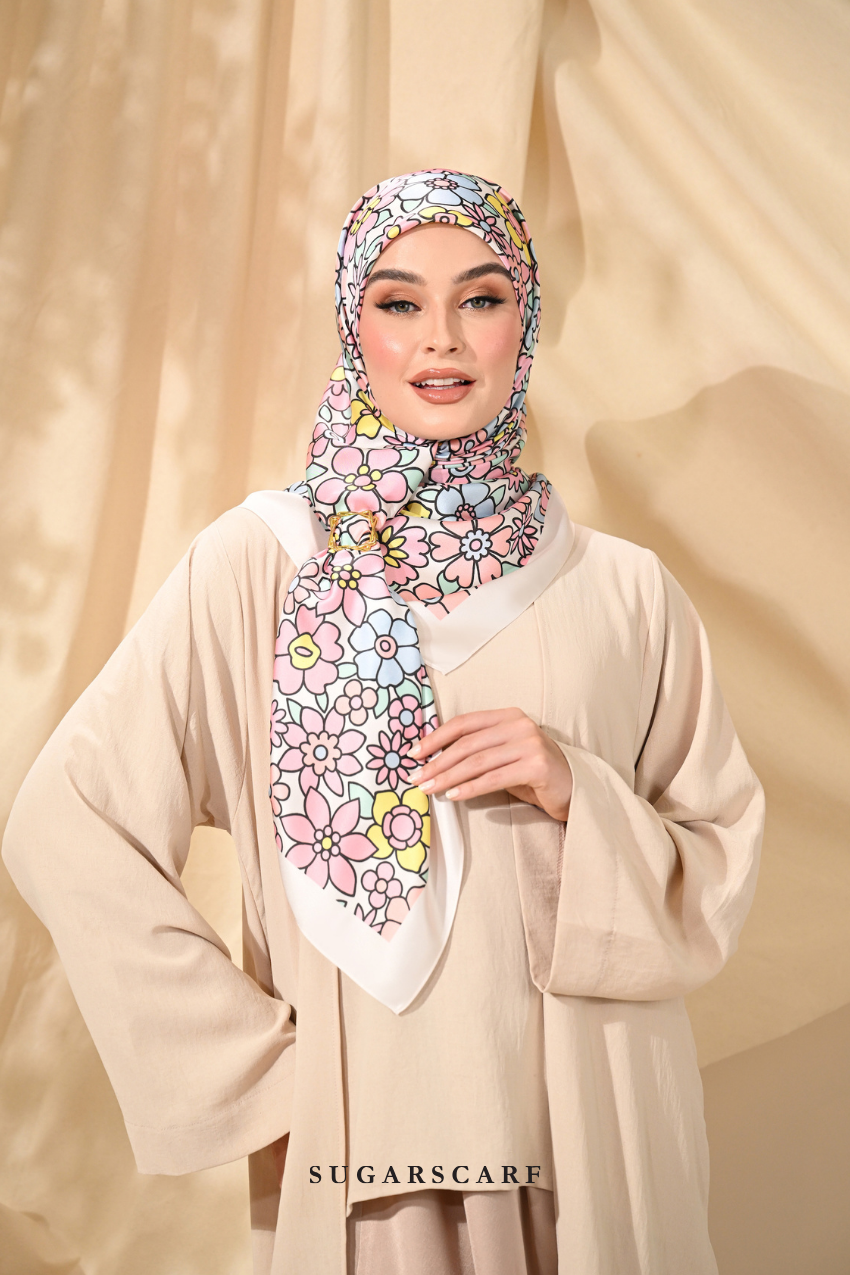 ( Square ) Eid Flower Power Mixed Satin Silk Scarf ( BESTIE )