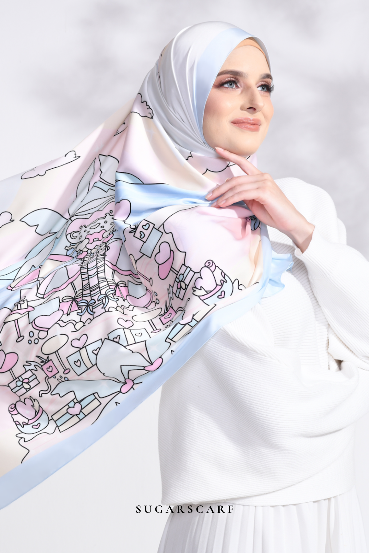 YES DEFECT - LE ThePinkHoliday Wide Mixed Satin Silk Long Shawl in Blue Sand