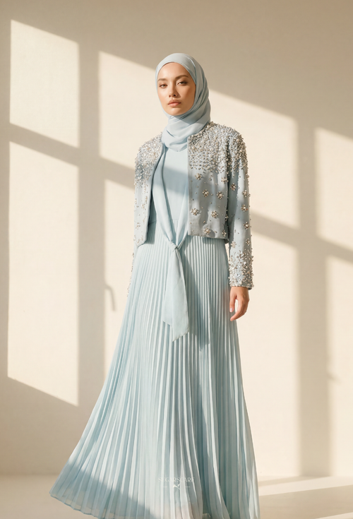 Elara 2-Piece Pleated Dress With Crystal Blazer In BabyBlue  ( Available on 28th)