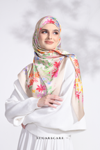 YES DEFECT - ( Square ) Petite Ditsy Floral Matte Satin Silk Scarf (Beige )