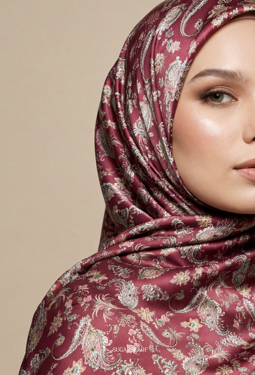 Eid Classy 2026 Scarves Mixed Satin Square in Rouge - Send after 2nd March