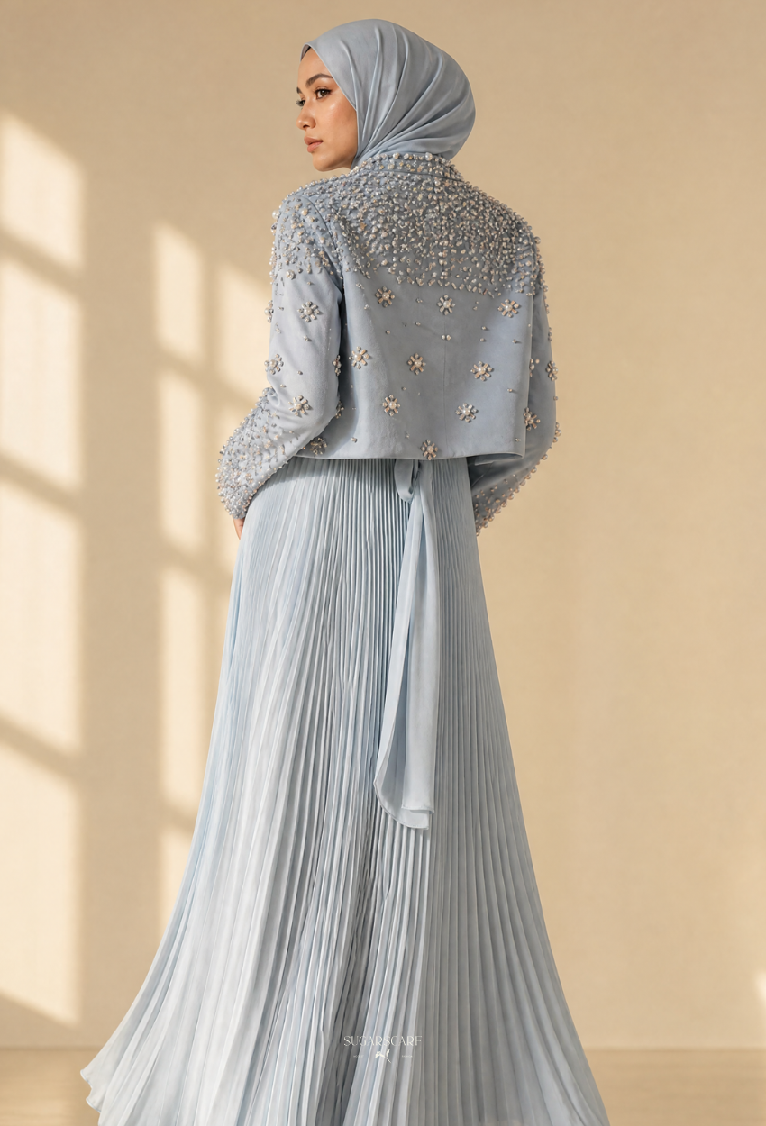 Elara 2-Piece Pleated Dress With Crystal Blazer In BabyBlue