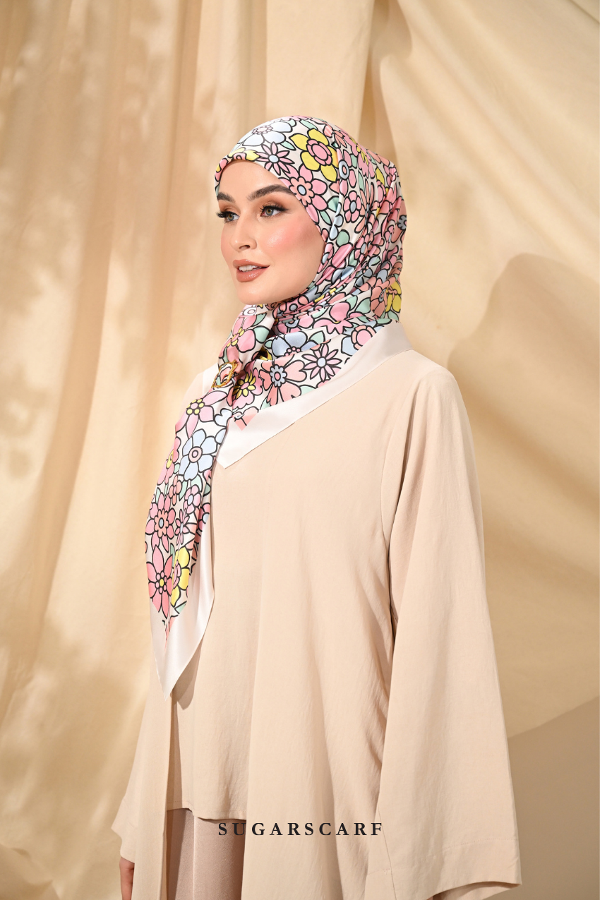 ( Square ) Eid Flower Power Mixed Satin Silk Scarf ( BESTIE )