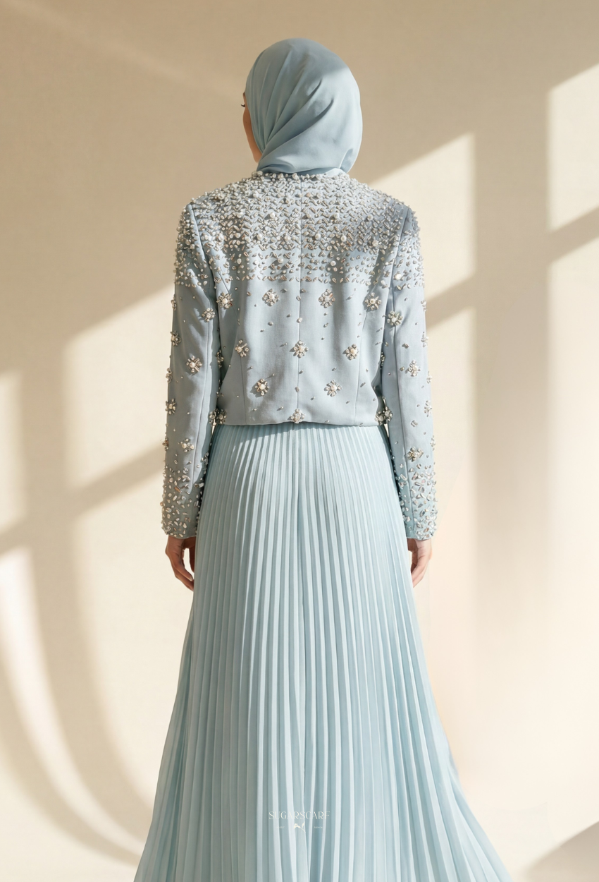 Elara 2-Piece Pleated Dress With Crystal Blazer In BabyBlue