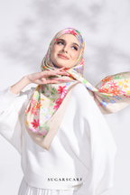 YES DEFECT - ( Square ) Petite Ditsy Floral Matte Satin Silk Scarf (Beige )