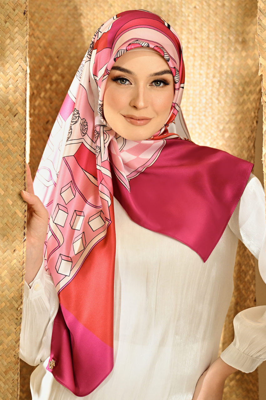 YES DEFECT -  ( Square ) Seri Raya Riang Mixed Satin Silk Scarf ( RED VELVET )