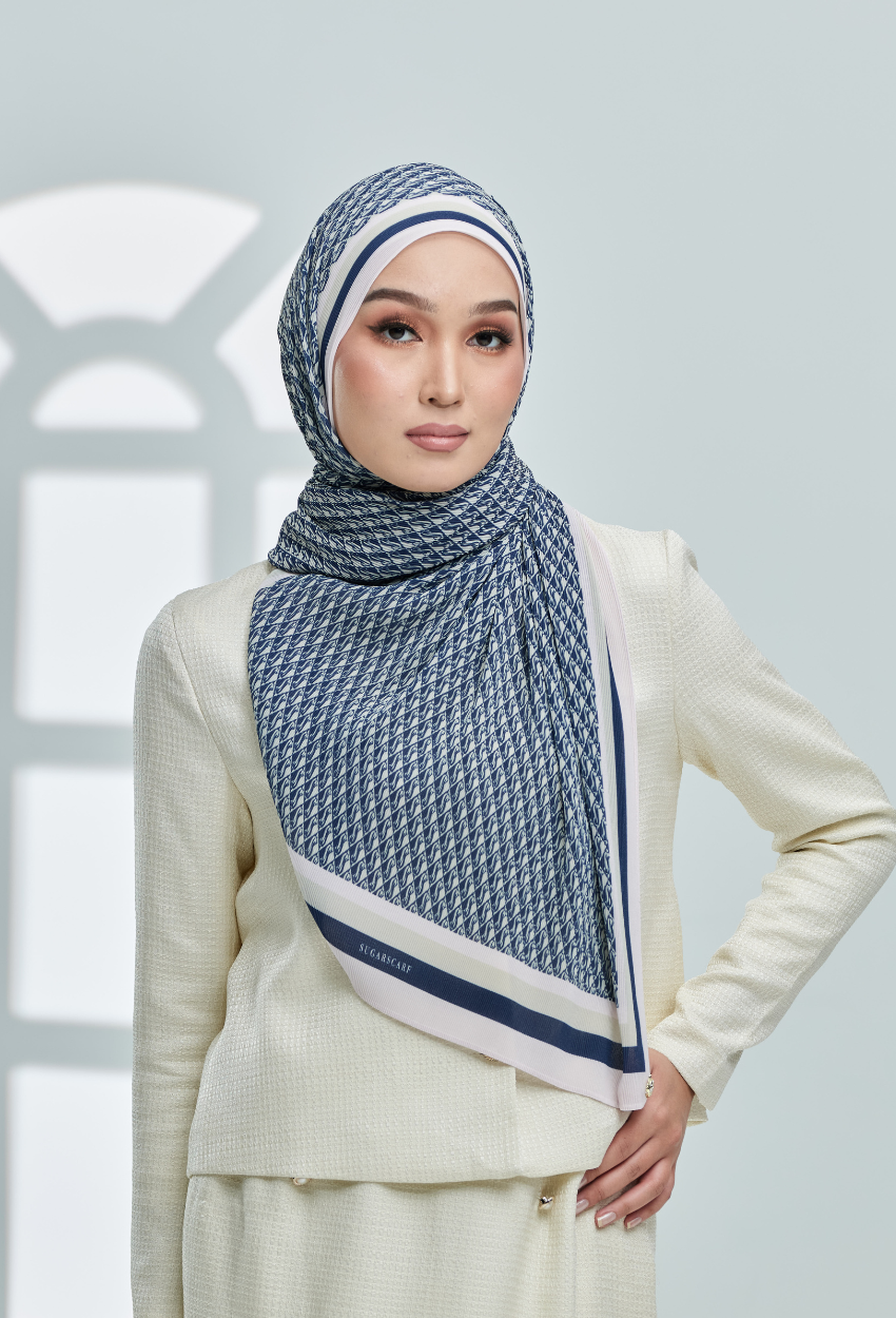 YES DEFECT ( Full Wide Pleats Shawl ) Classy Monogram ( DARK BLUE ) - Regal Blue